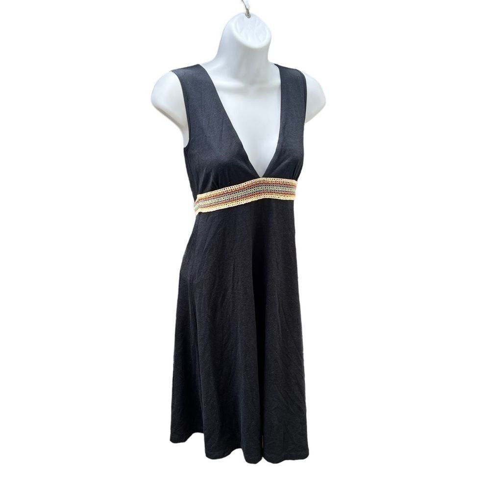 Free People Plunge V Neck Mini Dress Black Crochet Detail Small Boho Festival